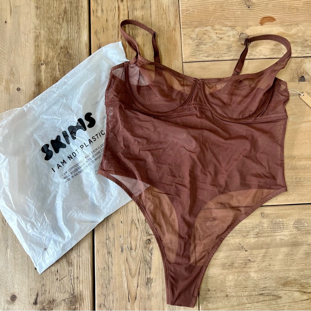 SKIMS Ultra Fine Mesh Underwire Thong Bodysuit Mahogany Size 3X